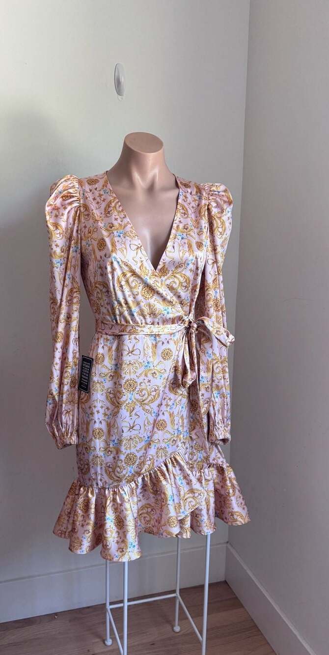 Nicoblu Pink Gold Baroque Print Long Sleeve Wrap Mini Dress with Ruffle Size 2